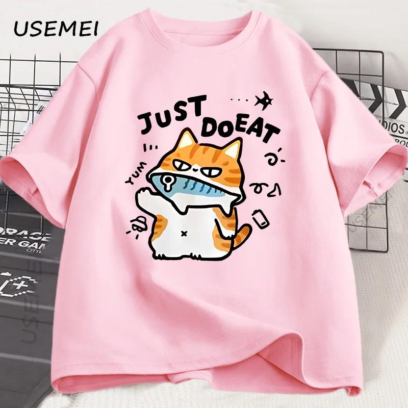 Funny Cat Eat Fish T-shirt for Women Summer Tops Tshirts O-neck Women Clothing Streetwear Short Sleeve T Shirt