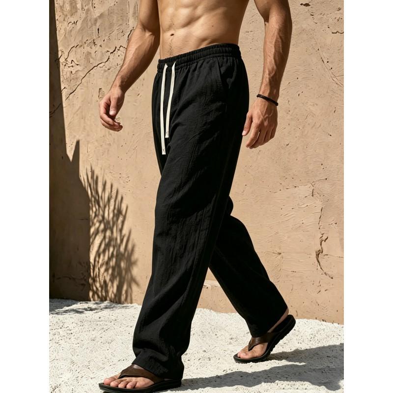 Mens Cotton Linen Loose Fit Pants With Drawstring Waist Breathable Lightweight Beach Vacation Trousers