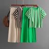 Women's Knitted Fashion Suit Round Neck Versatile Vertical Pattern Split Short-sleeved Top + High Waist Solid Color Trousers Women