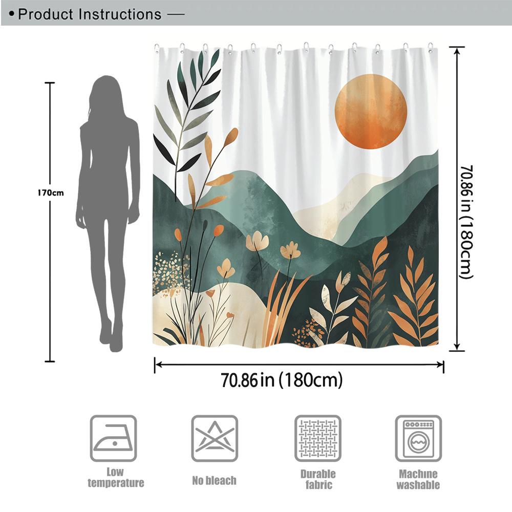 Minimalist Nature Shower Curtain - Tranquil Landscape With Sun, Green & Beige Foliage, Polyester, Machine Washable