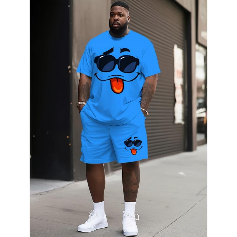

2pcs Men s Casual Round Neck T-Shirt and Shorts Set, 3D Cartoon Face Print - Vibrant Blue Polyester T-Shirt S