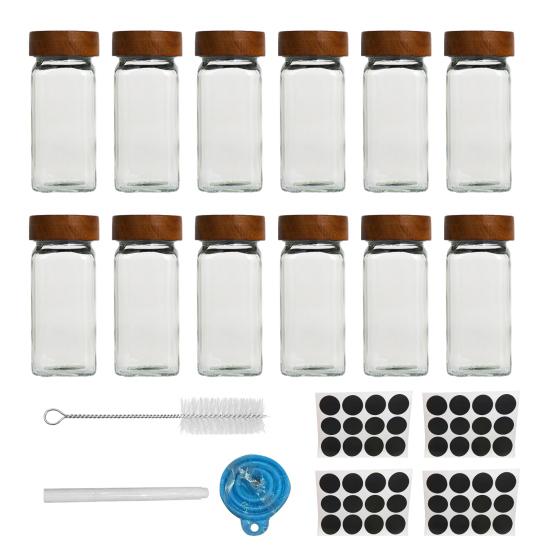 Glazen Specerijpotjes met Etiketstickers 4oz Transparant Glas met Bamboe Deksel en Siliconen Afdichting Keuken Specerijcontainer voor Organisatie, Zout, Peper