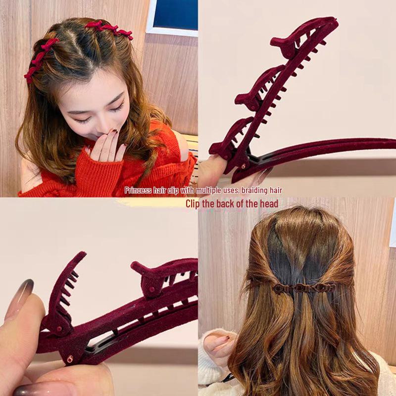 Double-Layer Braided Women's Bangs Hairpin: Flocked Side Clip and Headdress.