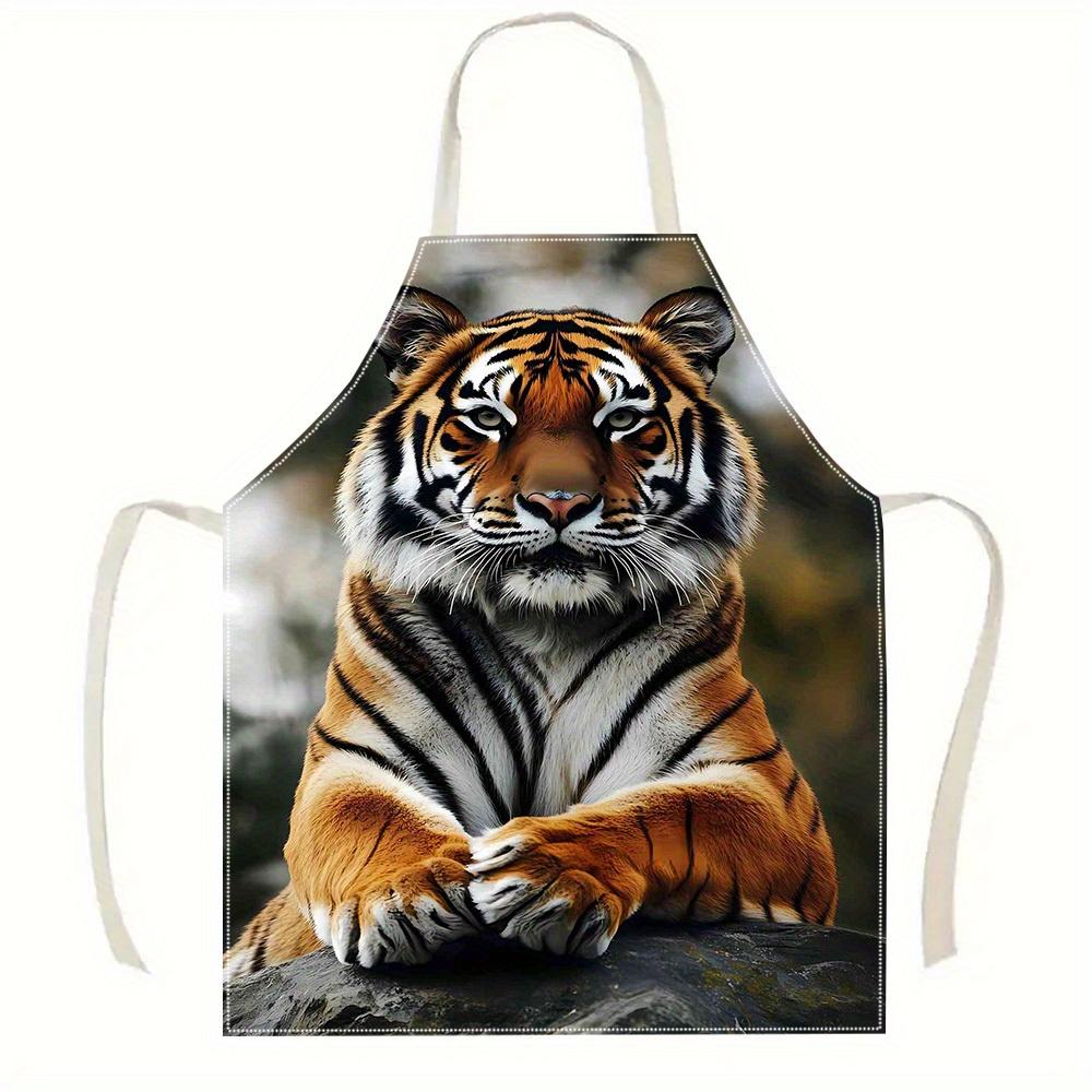 

Realistic Tiger Print Apron Linen Animal Lover Kitchen Cooking Baking Smock Adult Chef Gift Men Women Wildlife Art Design 38X47cm(15X19in)