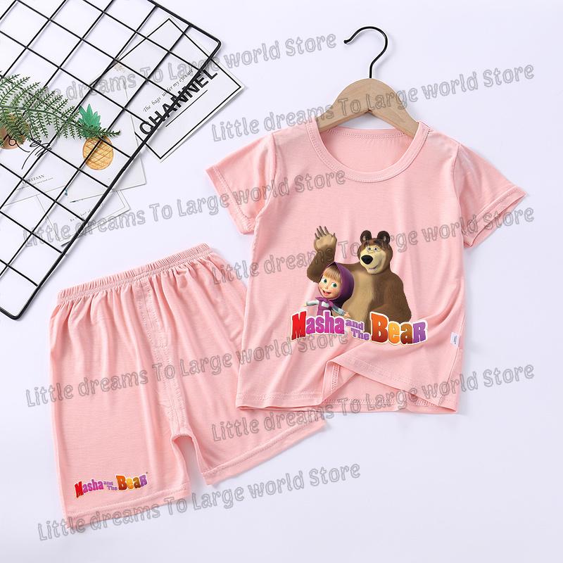 Mashas Bears Pajamas Set Girls Boys Short Sleeve T-shirt Pants Loungewear Summer Thin Nighty Clothing Tee Shorts Breathable Suit