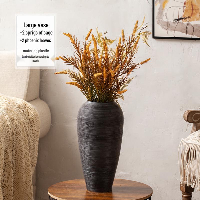 Zen Japanese Retro Black Pottery Vase for Dried Flowers - Large Tabletop Ornament for Living Room or Bedroom