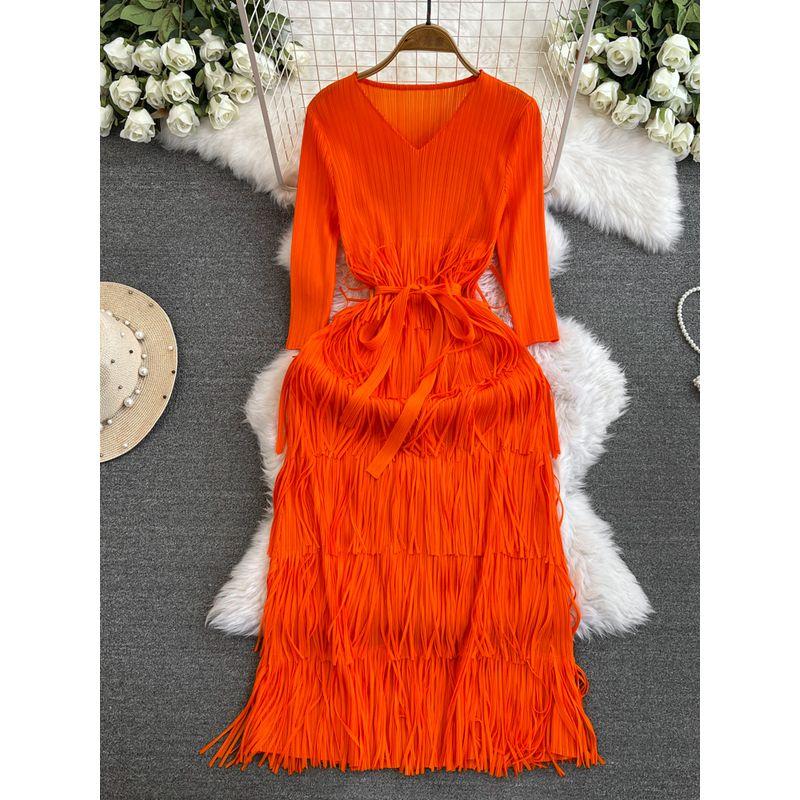 Accessible Luxury Socialite Sanzhai Ruched Half Sleeve Tassel Dress