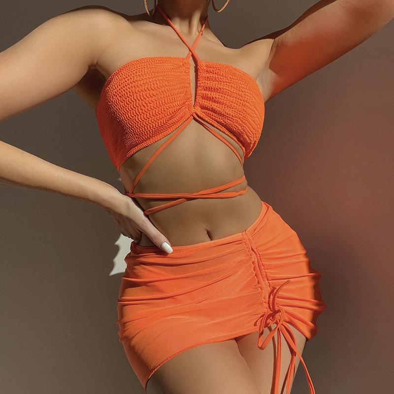 European and American pleated cloth drawstring strap mesh three-piece swimsuit bikini bikini L