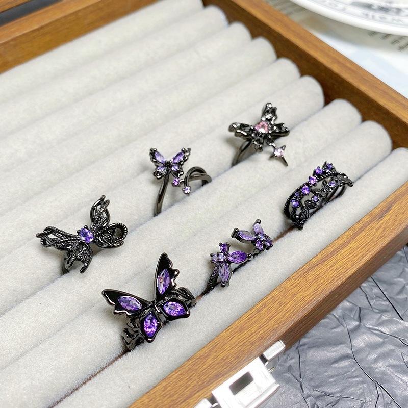 [Butterfly Purple Que] Dark Butterfly Purple Diamond Punk Personality Open Ring Spice Girls Stack Niche Design Rings