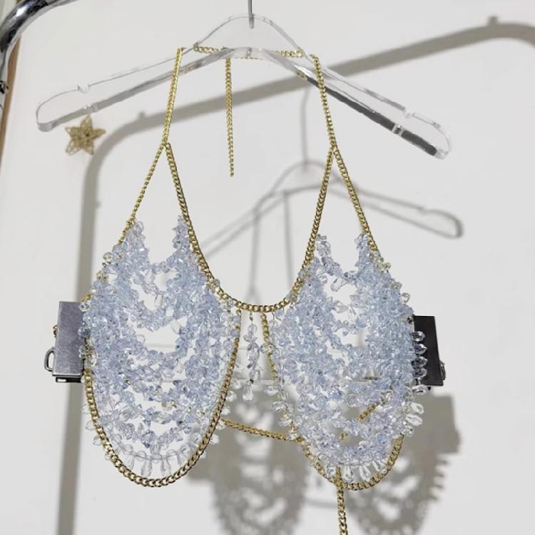Beaded Body Chain Bra Multilayer Beads Chest Chain Body Accessories Jewelry for Women Girls Nightclub Raves Body Jewel