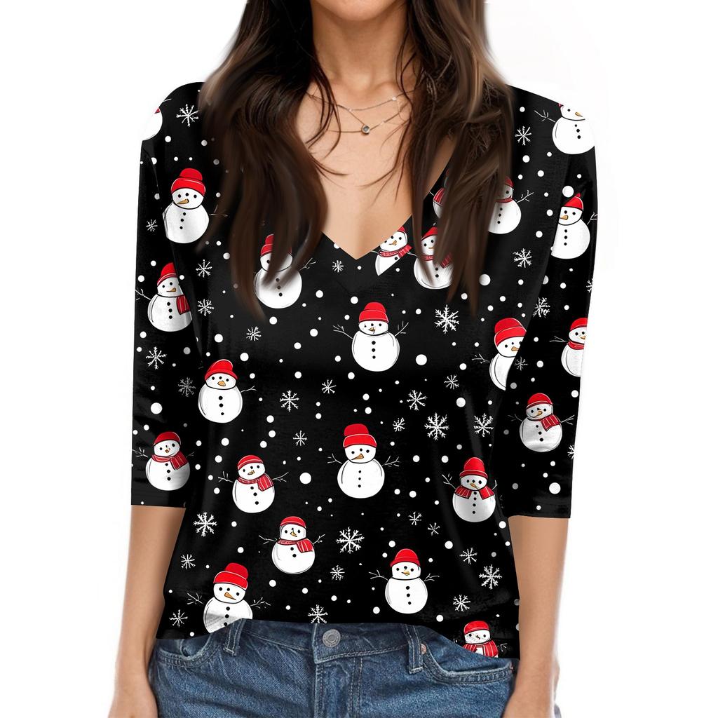 Women's T Shirt CHristmas Print 3/4 Sleeve Daily Weekend Fashion Basic V- Neck Regular Top