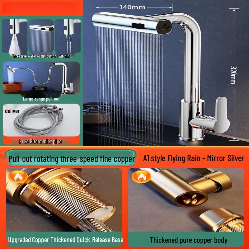 Gunmetal Grey Copper Pull-Out Waterfall Kitchen Faucet