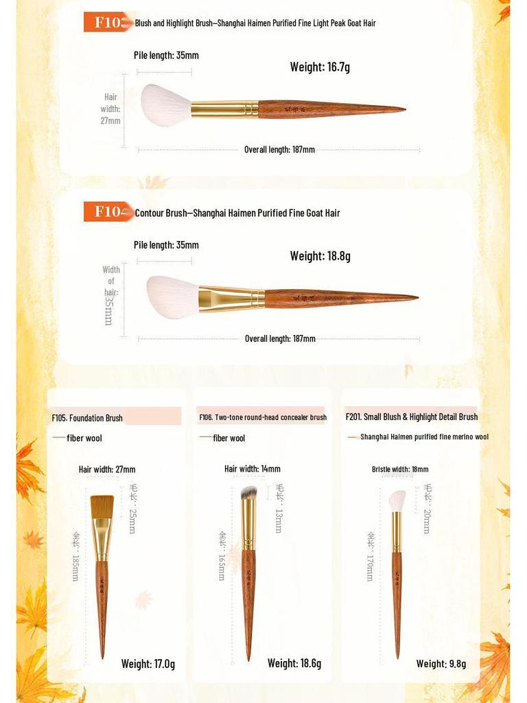 AINUOQI Light Orange Tea Makeup Brushes: F103 Blush, F202 Nose Shadow, F106 Concealer, Animal Hair.