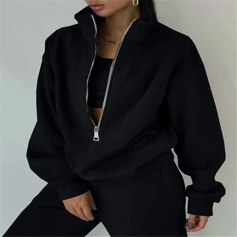 Women s 2 Piece Tracksuit Half Zip Stand Collar Sweatshirt & Pants Set Casual Sportswear  4XL чёрный