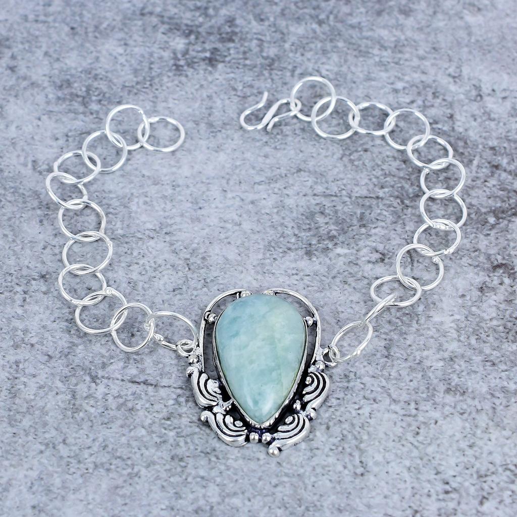 Aquamarine Gemstone Handmade 925 Sterling Silver Bracelet 7-8" M-2722