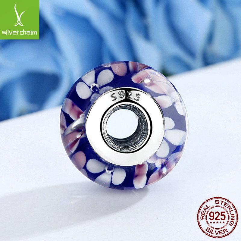 S925 Sterling Silver Pink Floral Lampwork Beads for DIY Bracelets