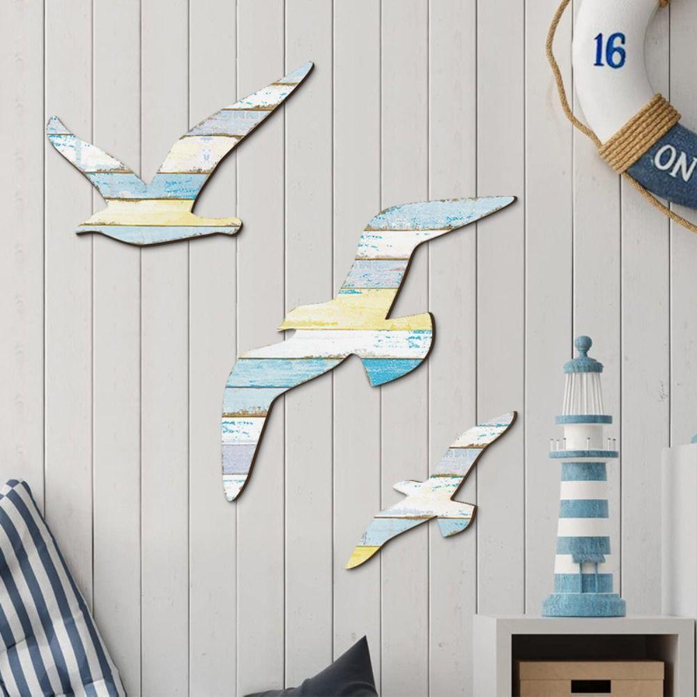 3Pcs Wooden Seagull Wall Sign Decoration Art Background Pendant Wall Hanging  Children's Room