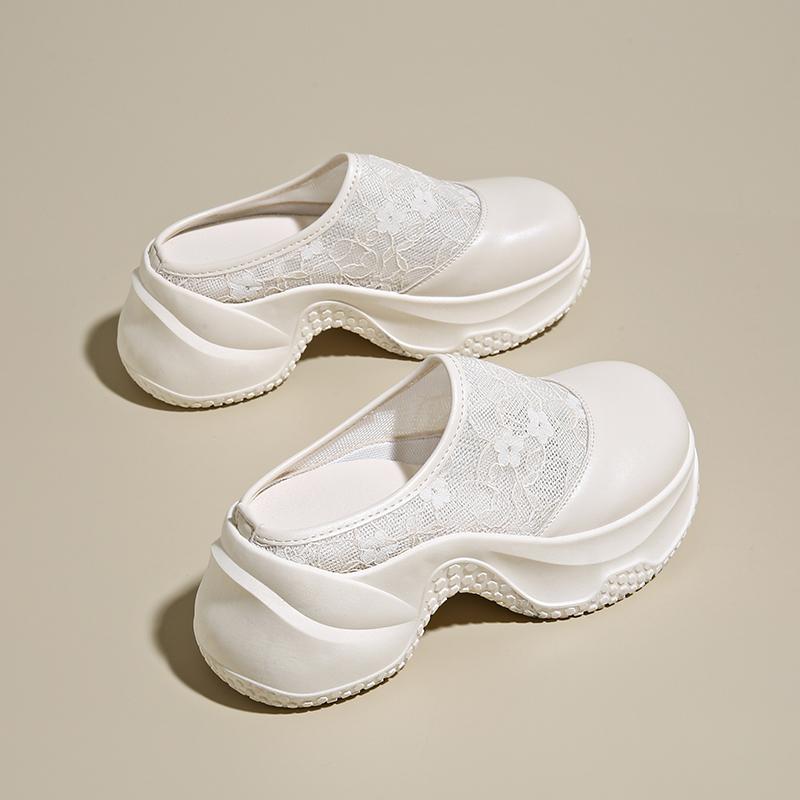 CRLAYDK Mules for Women House Wedge Slip On Slippers Lace Backless Walking Loafers Mesh Height Increase Casual Ladies Slides