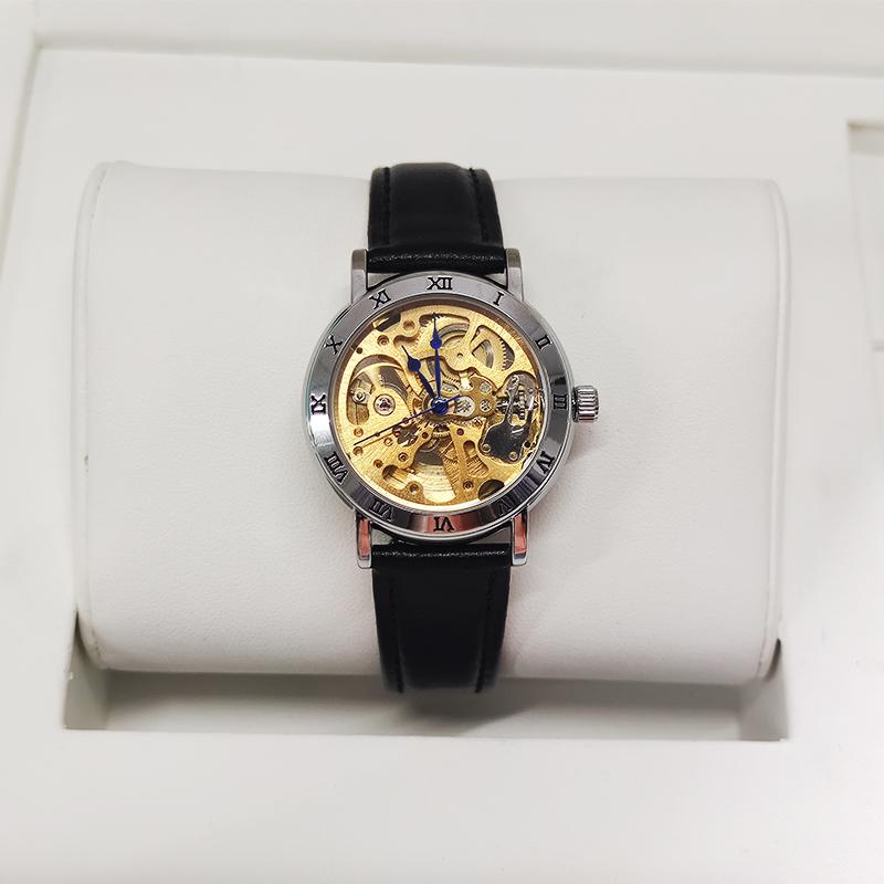 New Fashion Gold Women's Mechanical Watch Roman Bezel Skeleton Hollow Automatic Self-Wind Ladies Dress Leather Wristwatches