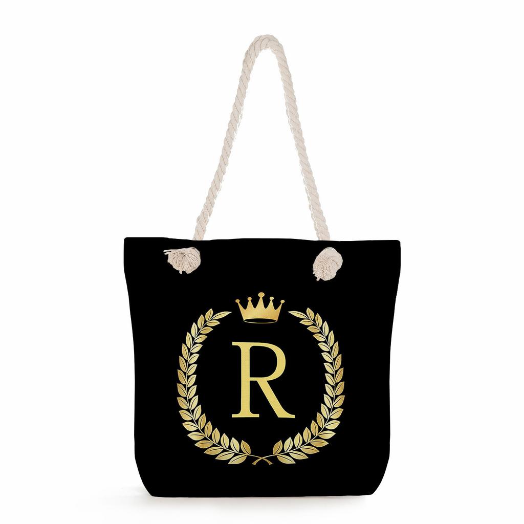 Black letters on a black background print thick rope single-shoulder beach bag 7289 CLE