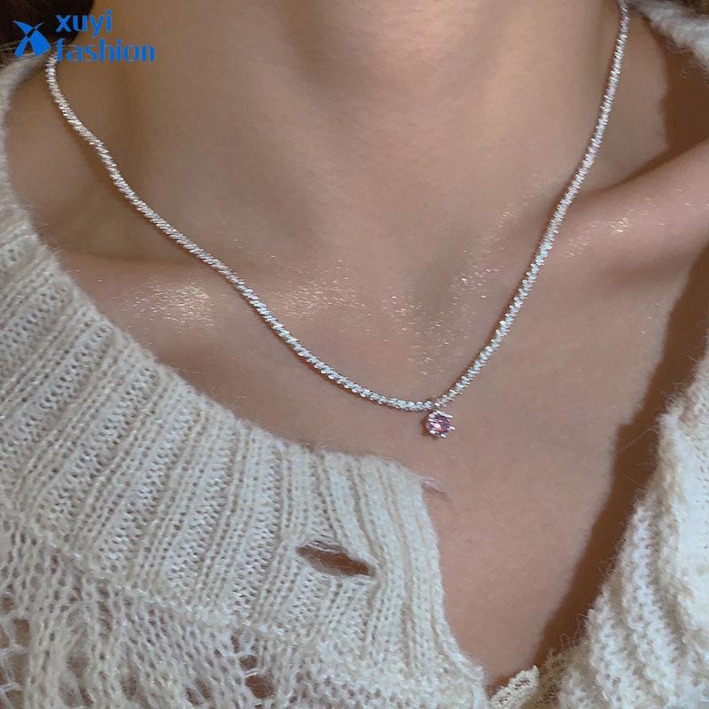 iF ME Shining Silver Necklace Zircon Pendant Chain Choker for Women Jewelry Accessories