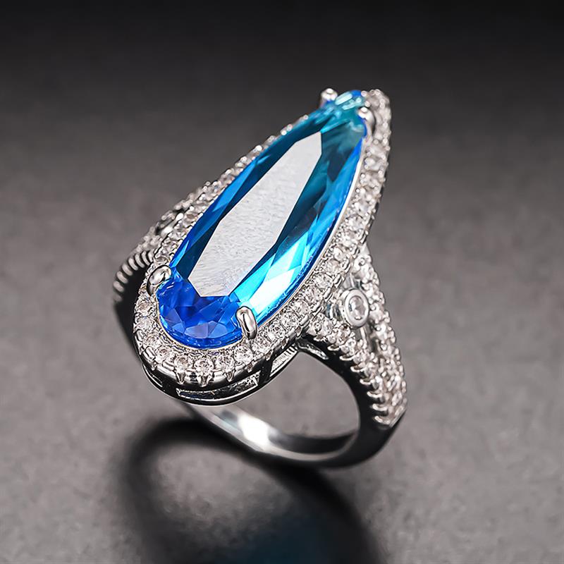 Huitan Elegant Pear Shaped Ring for Women Inlaid Bright Blue Cubic Zirconia Trendy Party Wedding Accessories Noble Jewelry Gift