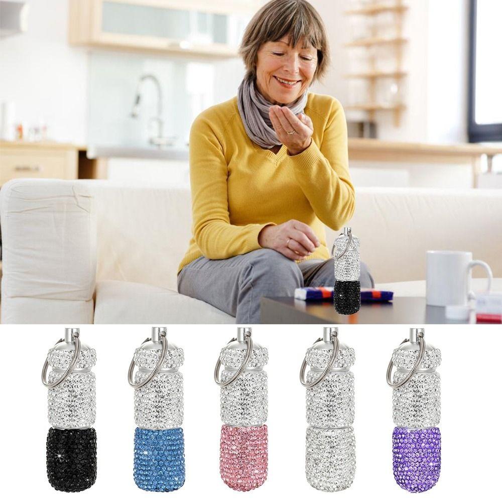with Keychain Bling Pill Case Rhinestone Rhineston Pill Container Portable Cute Storage Box Travel
