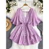 Vacation Style 2024 Summer New Arrival Niche Style Sexy Deep V-neck Lace Patchwork Waist-Slimming Sweet Flare Sleeve Dress