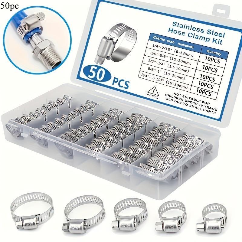 50pcs Stainless Steel Hose Clamp Kit, 1/4" To 1-1/8" T-Bolt, Worm Gear Design, Secure Clamp for Plumbing & Automotive, Metal, Ring Shaped