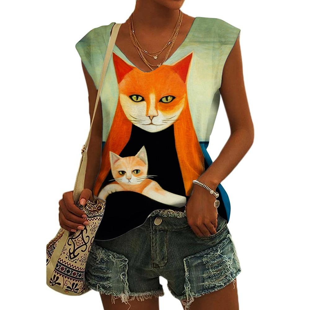 Women's Sleeveless T-shirts 3d Abstract Cat Print Vest Loose V-Neck T-shirts & Blouse Summer Breathable Basic Tops Tees