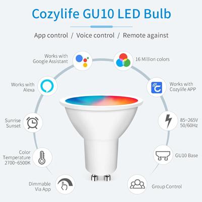 WiFi Smart Bulb Dimmable LED Light Bulb 16 Million Cozylife RGB Colors GU10 Led Lamp Voice Control Alexa Google Home