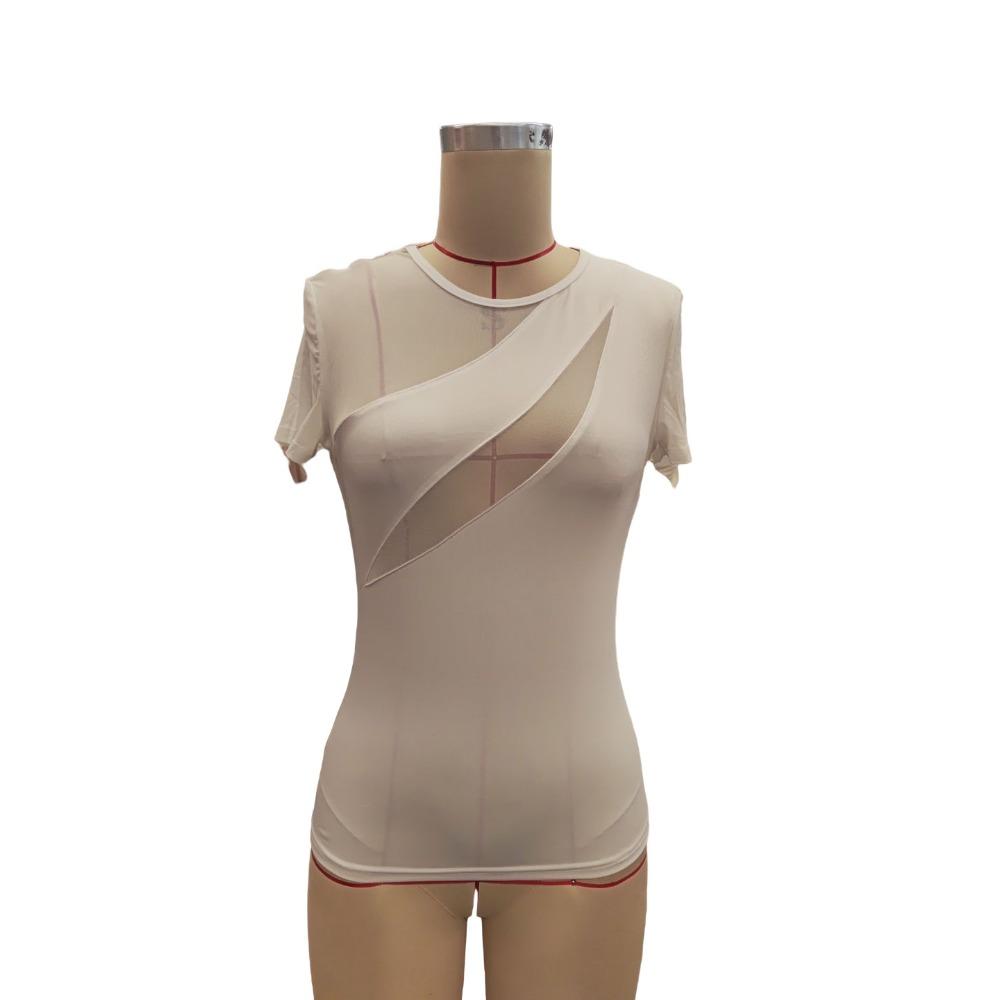 Spring and Summer Women's Sexy Solid Colour Short Sleeve Net Splicing Slim T-Shirt