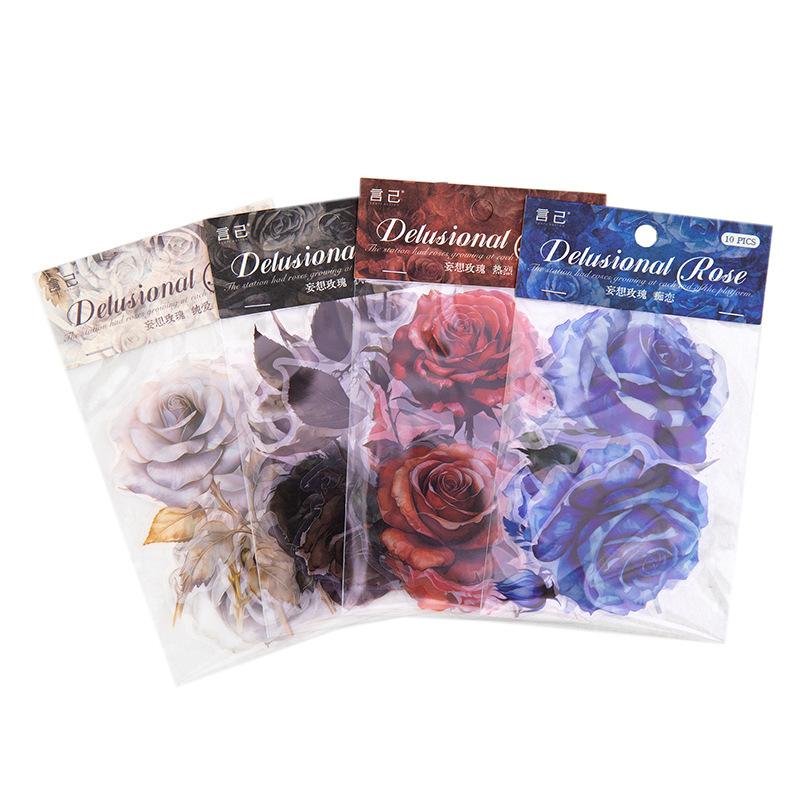 1pack/10pcs Colorful Rose Stickers, Beautiful Vintage Decor DIY Handmade Album Scrapbooking Decorative Paper Supplies