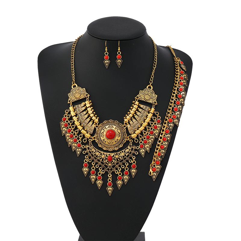 New 3-Piece Set Ethnic Retro Tassel Jewelry Set Sweater Chain Collar Chain Necklace Earrings Bracelet for Women