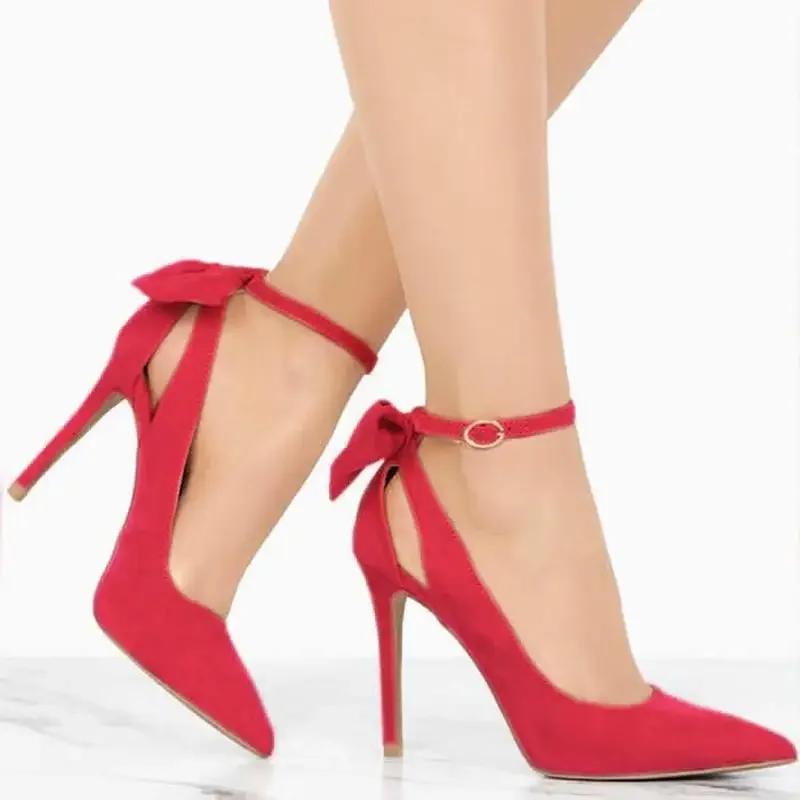 Women's High Heels Bow Tie Back Sexy Stiletto Pumps Pointed Toe Bowknot 11cm Sexy Ankle Strap High Heeled Female Wedding Shoes