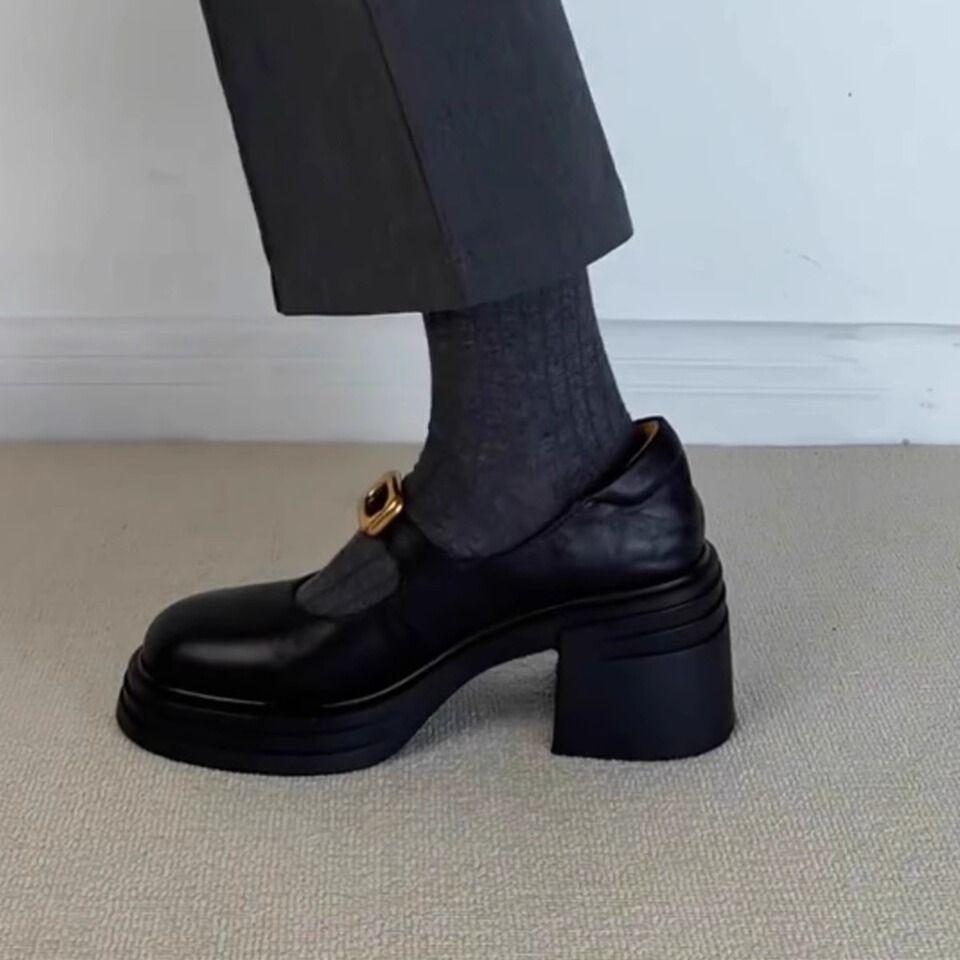 Thick-soled Round Head Small Leather Shoes Women's 2025 British Versatile Retro Light Mouth One-word Buckle Thick Heel Mary Jane Shoes Single Shoes