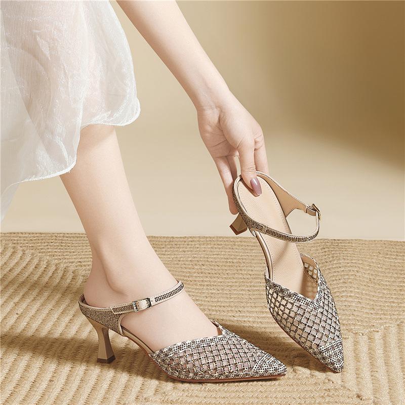 Scarpe da donna con strass appuntiti temperamentali indossano tacchi alti in mesh di lusso leggero di alta gamma, punta della borsa, tacco sottile, scarpe singole da donna alla moda