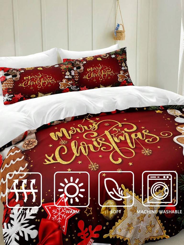 Christmas Bedding Set Red Background Snowflakes Christmas Duvet Cover Set Christmas Gingerbread Man Printed 3 Pieces Christmas