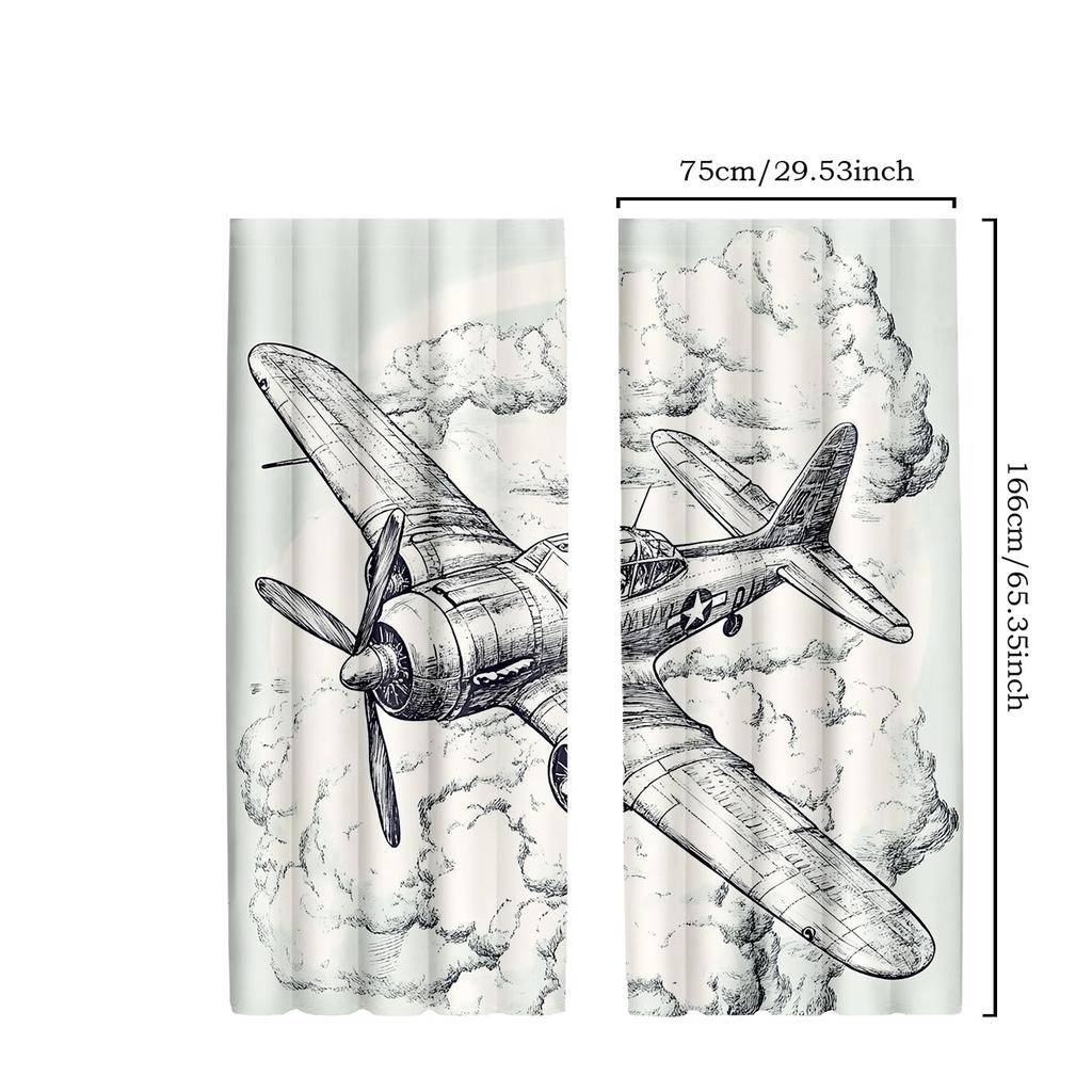 2pcs Classic Airplane Window Drapes   Vintage Blue & Black Round Frame Sketch with Sky Clouds   Polyester Fabric   Home Decor Curta
