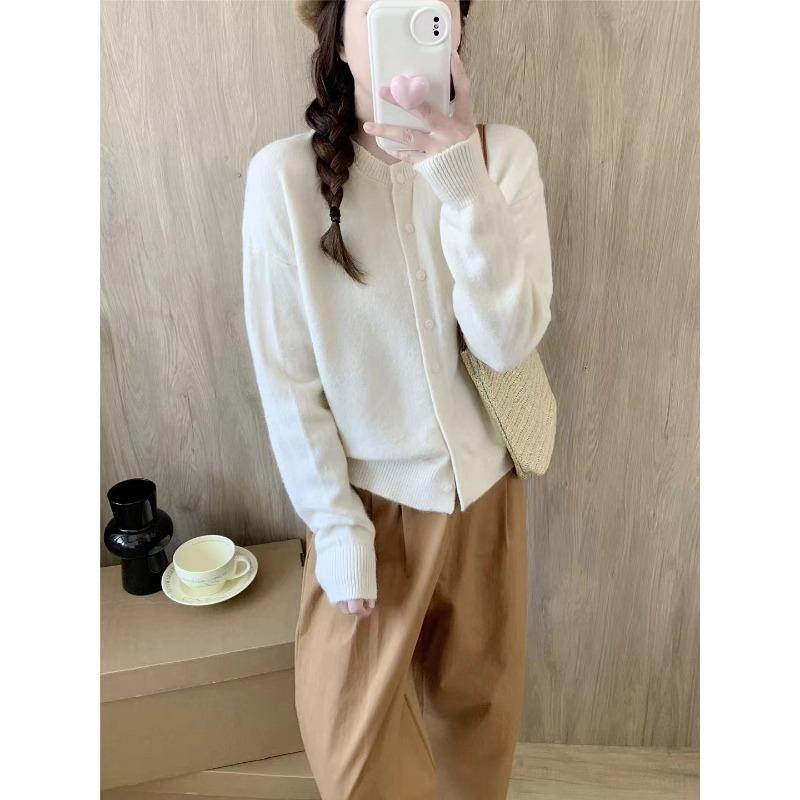 New candy color loose round neck long-sleeved knitted cardigan women's age-reducing small fresh single-breasted sweater jacket