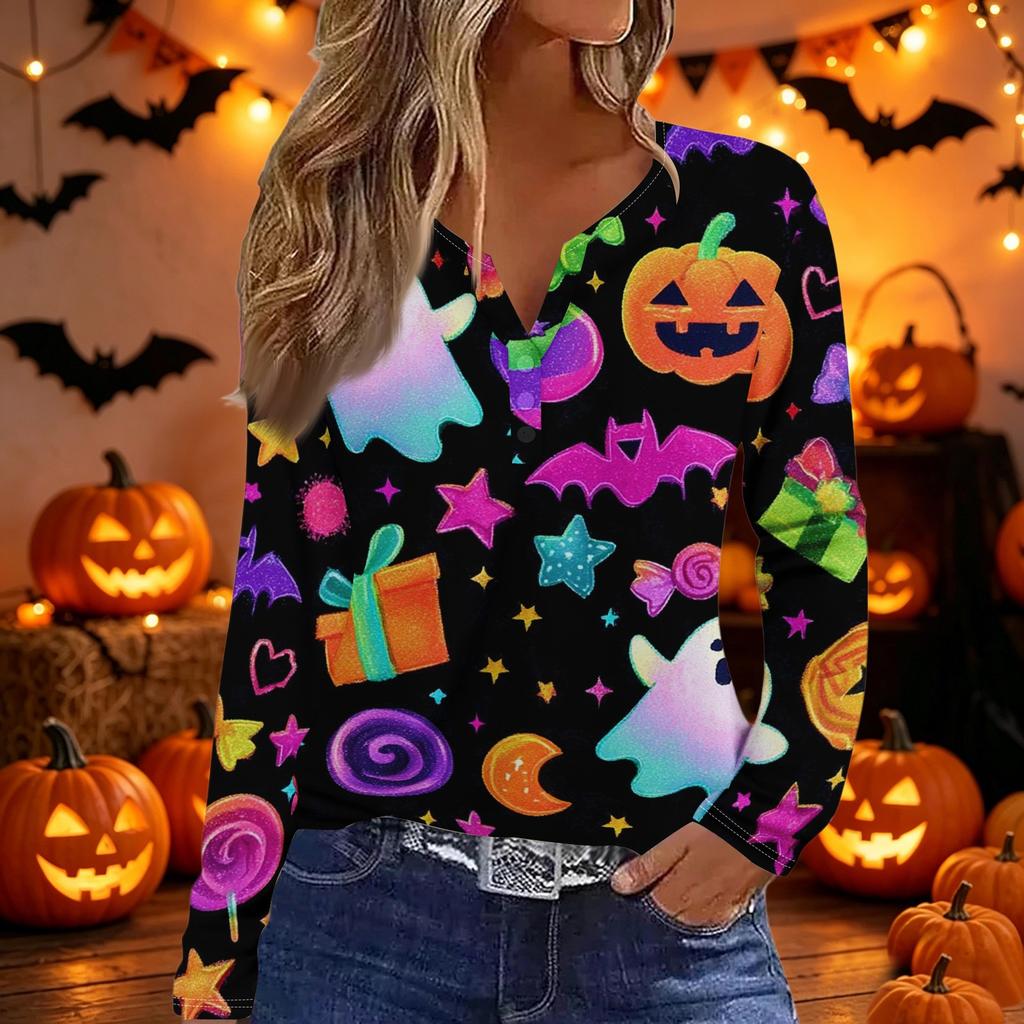 Women's Fashion Casual Halloween Print V Neck Decorative Button Long Sleeve T Shirt Top Lightweight Comfortable Fit