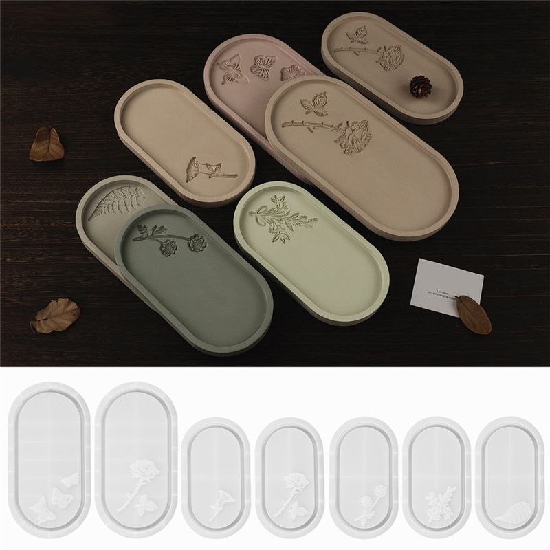 M-Modern-7 Piece Oval Storage Tray Cement Silicone Mold Pallet Mold Milky White Resin Concrete Plaster Mould