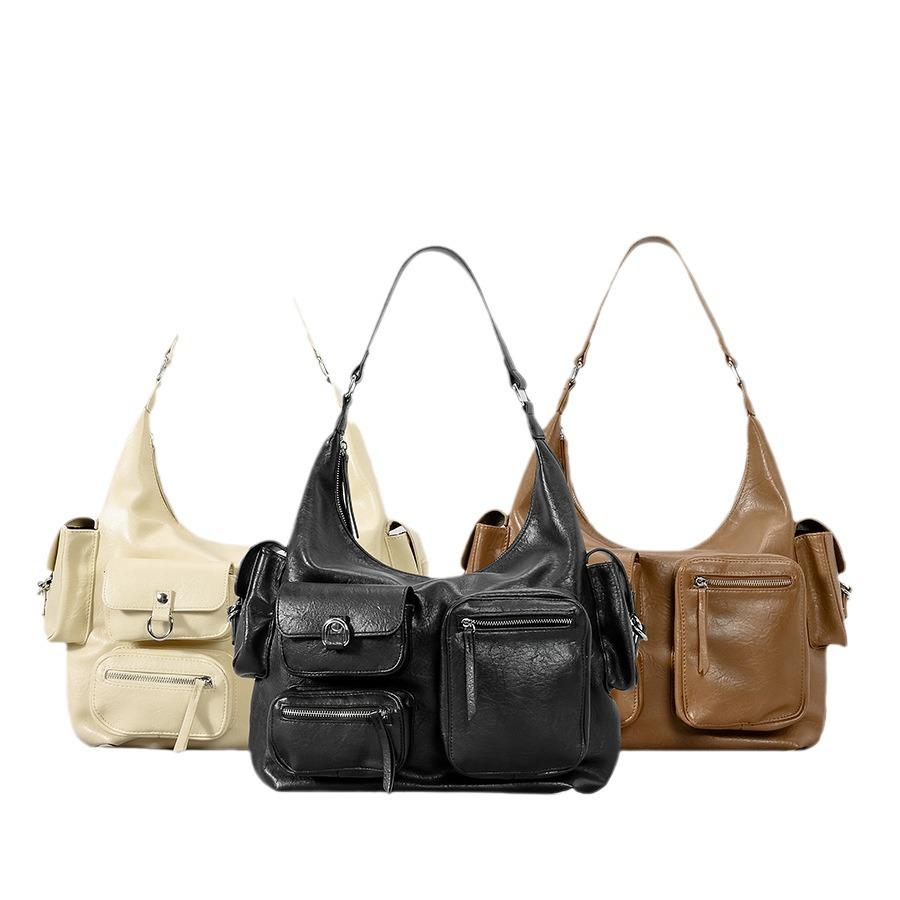 2024 Retro Multi-Pocket PU Motorcycle Shoulder Bag - Large Capacity Punk Style Handbag for Women