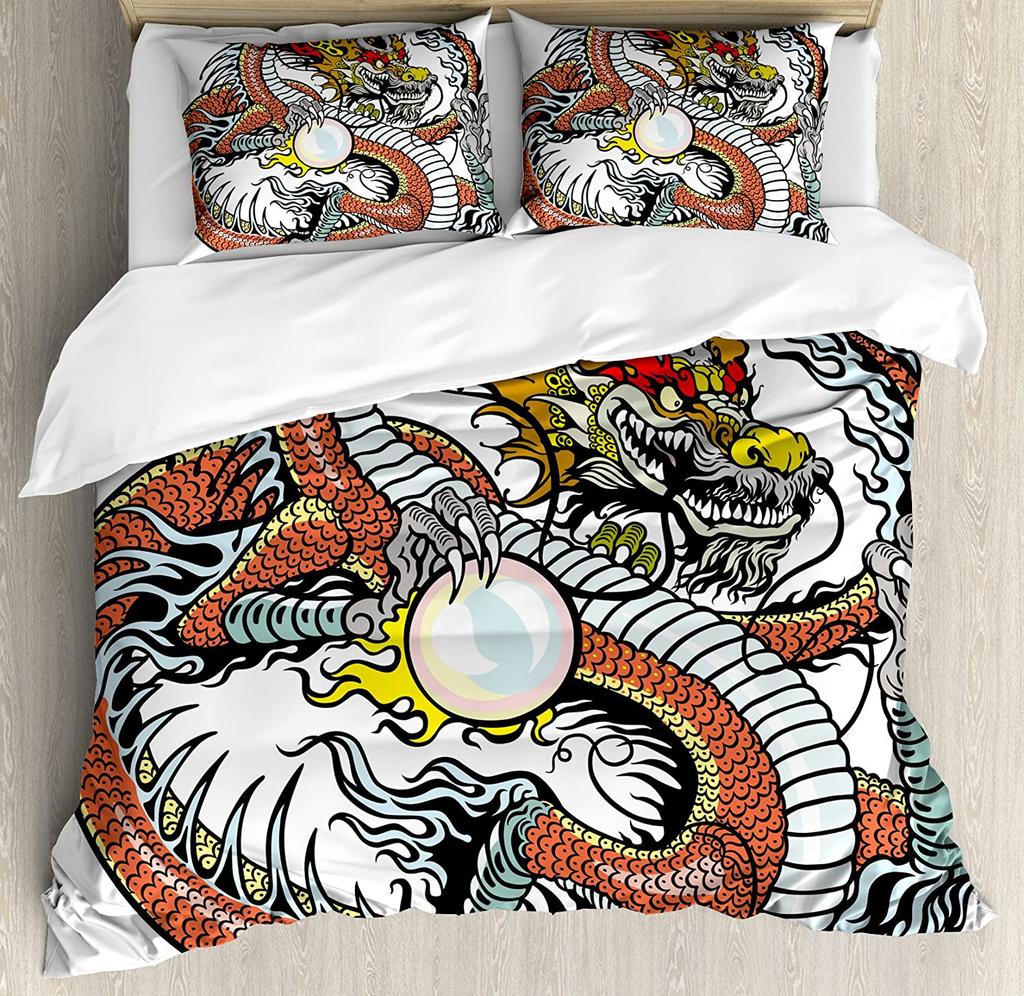Drachen Bettwäsche Set Für Schlafzimmer Bett Zuhause Chinesisches Erbe Historisch Asiatisch Östliches Motiv mit Bettbezug Steppdeckenbezug und Kissenbezug