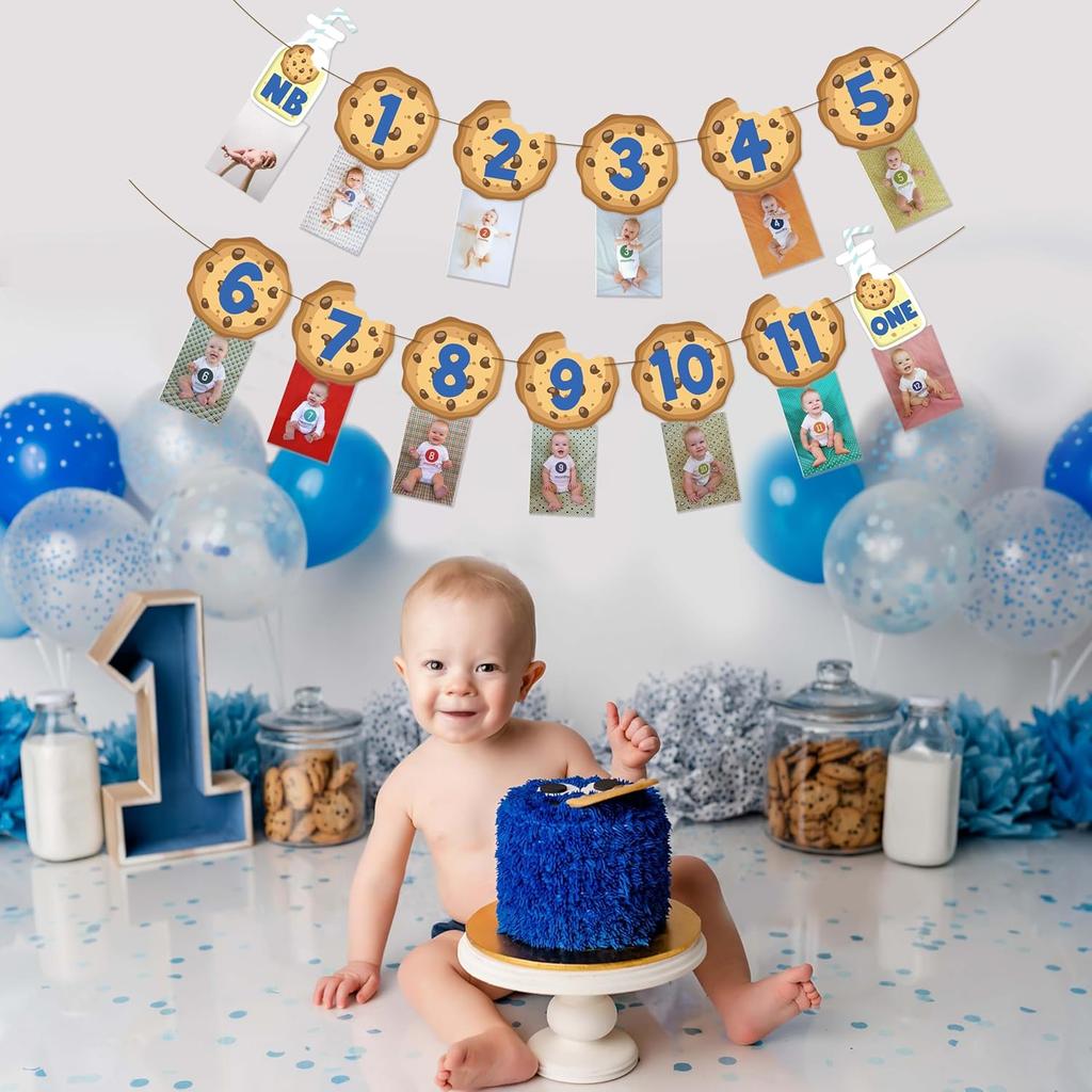 Cookies Milk Monthly Photo Banner, Cookies and Monster Theme Baby 12 Month Photo Prop Monthly Milestone Bunting Garland 1st Birthday Party Decoration