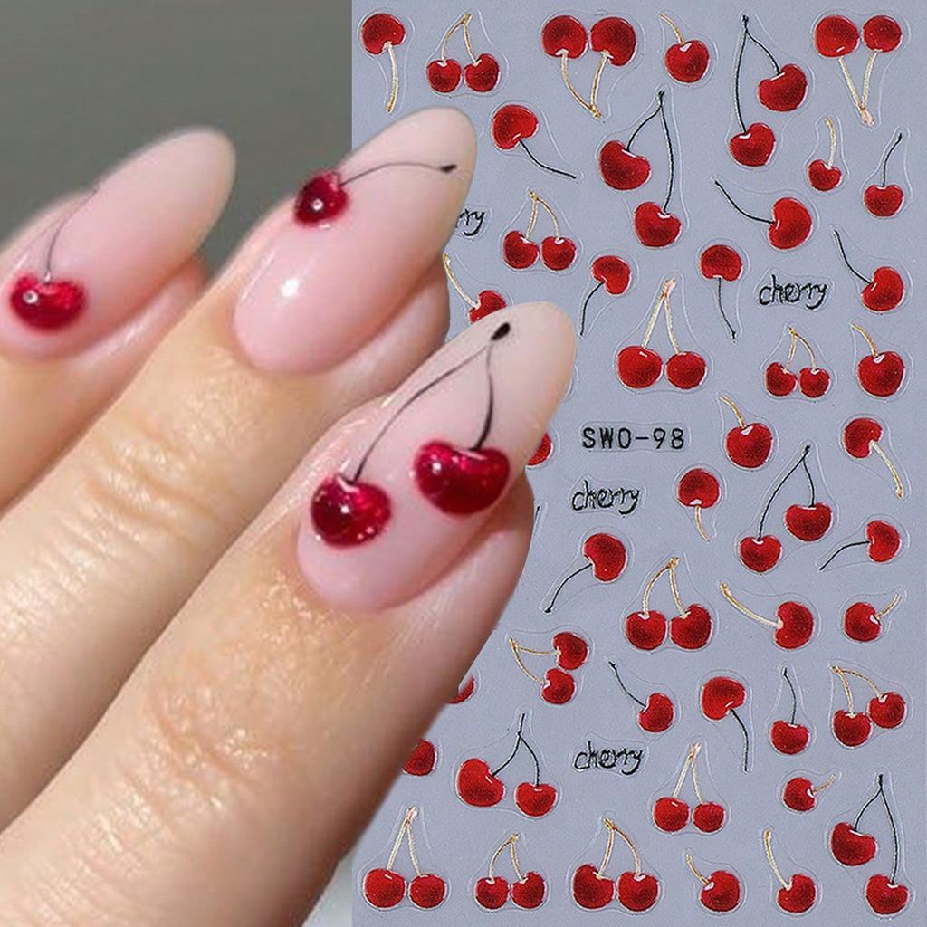 1pc 3D Super Cute Juicy Cherry Nail Art Stickers, DIY Fruit Nail Stickers, Self-Adhesive, DIY Nail Decor, Nail Accessories