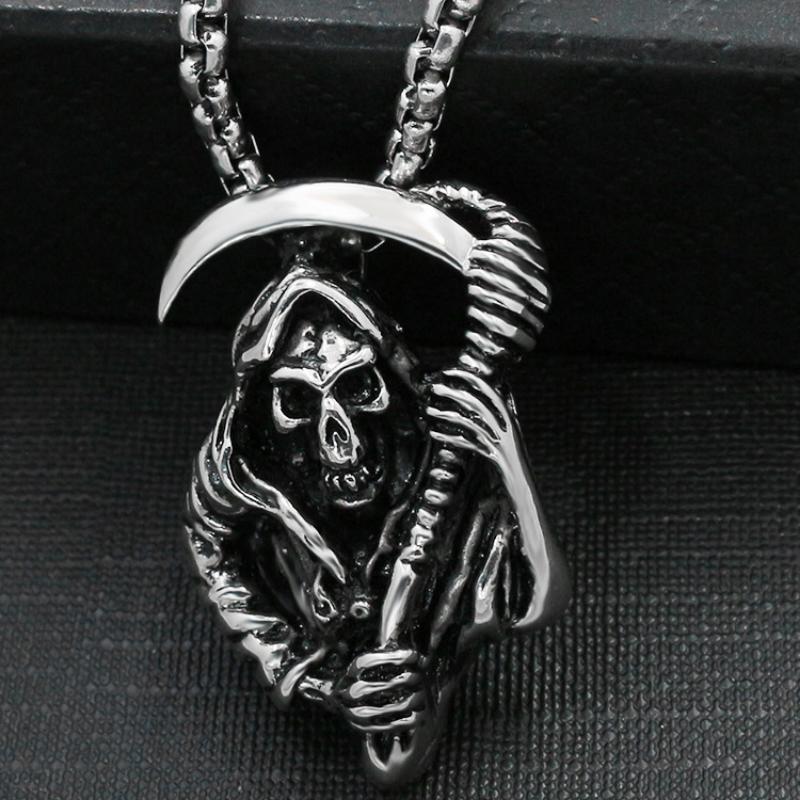 Skeleton Death Reaper Scythe Pendant Necklace, Mighty Titanium Steel Punk Trendy Men's Pendant