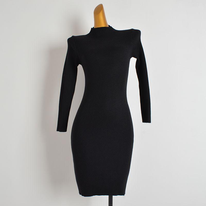Fall and Winter New Arrival Half-High Collar Long Sleeves Knitting Dress Women's Clothing Silm Slim Looking Inner Match Mid-Length Bodycon Dress