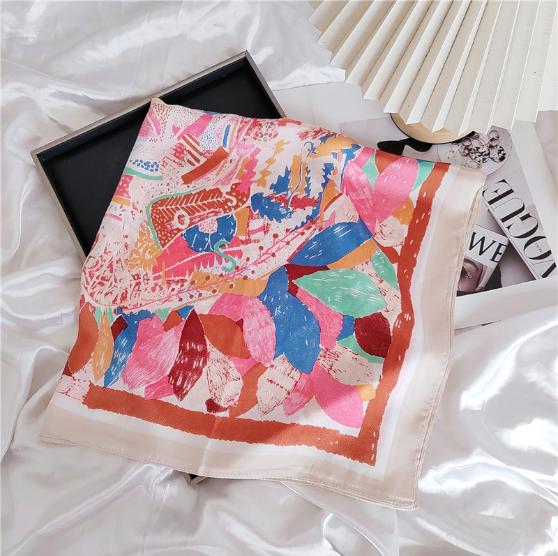 Luxury Silk Square Scarf Women Shawl Fashion French Flower Print Design Satin Hijab Wraps Neckerchief Female Hair Bands 70*70Cm