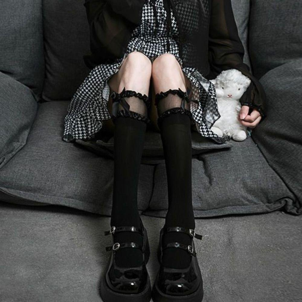 

2Pairs Ruffle Lace Bowknot Stockings Ultra-thin Stockings for Women Mid Tube Long Socks Girl 30CM Black White